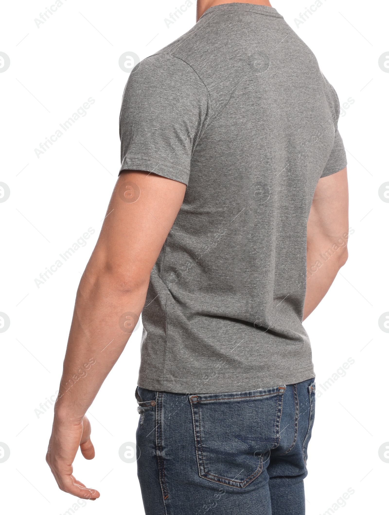 Photo of Man wearing grey t-shirt on white background, closeup. Mockup for design