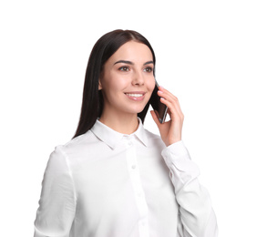 Photo of Young businesswoman talking on mobile phone against white background