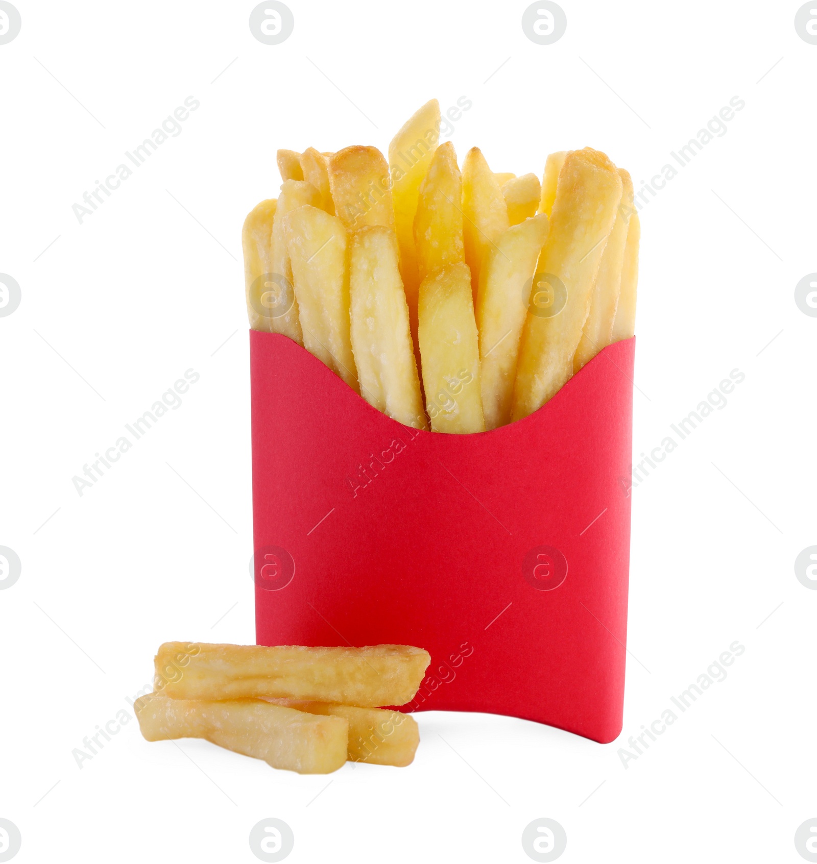 Photo of Delicious French fries and red paper cup on white background