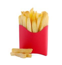 Photo of Delicious French fries and red paper cup on white background