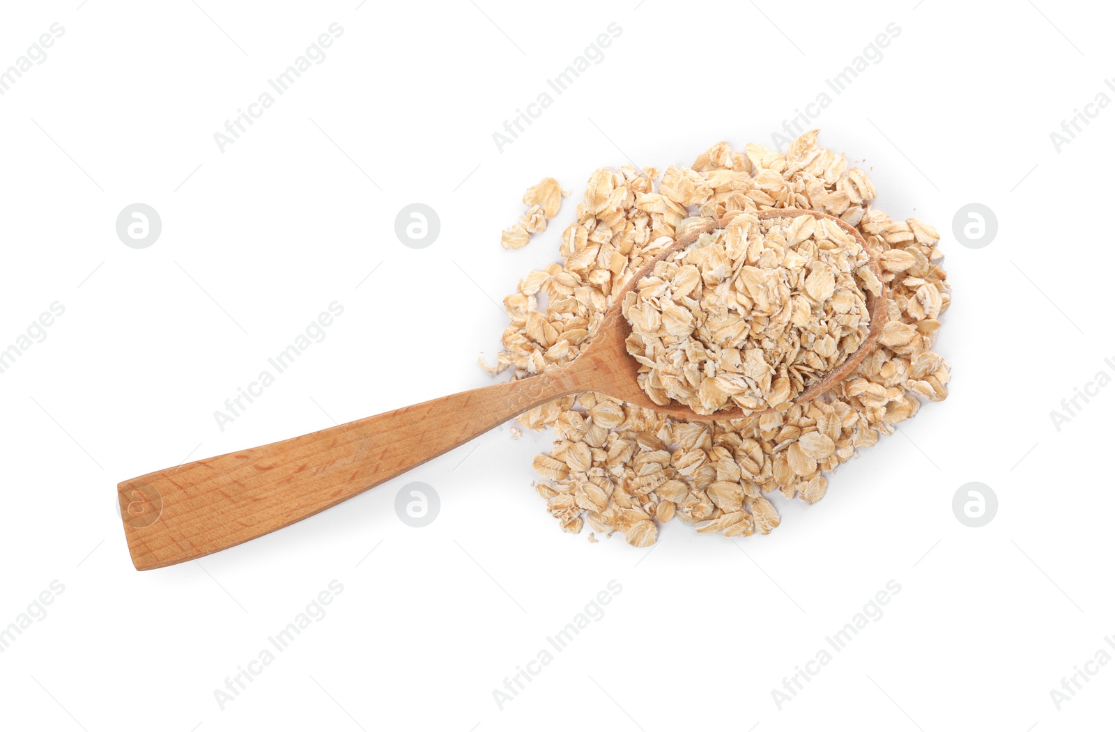 Photo of Wooden spoon with oatmeal isolated on white, top view