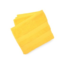 Soft yellow terry towel isolated on white, top view