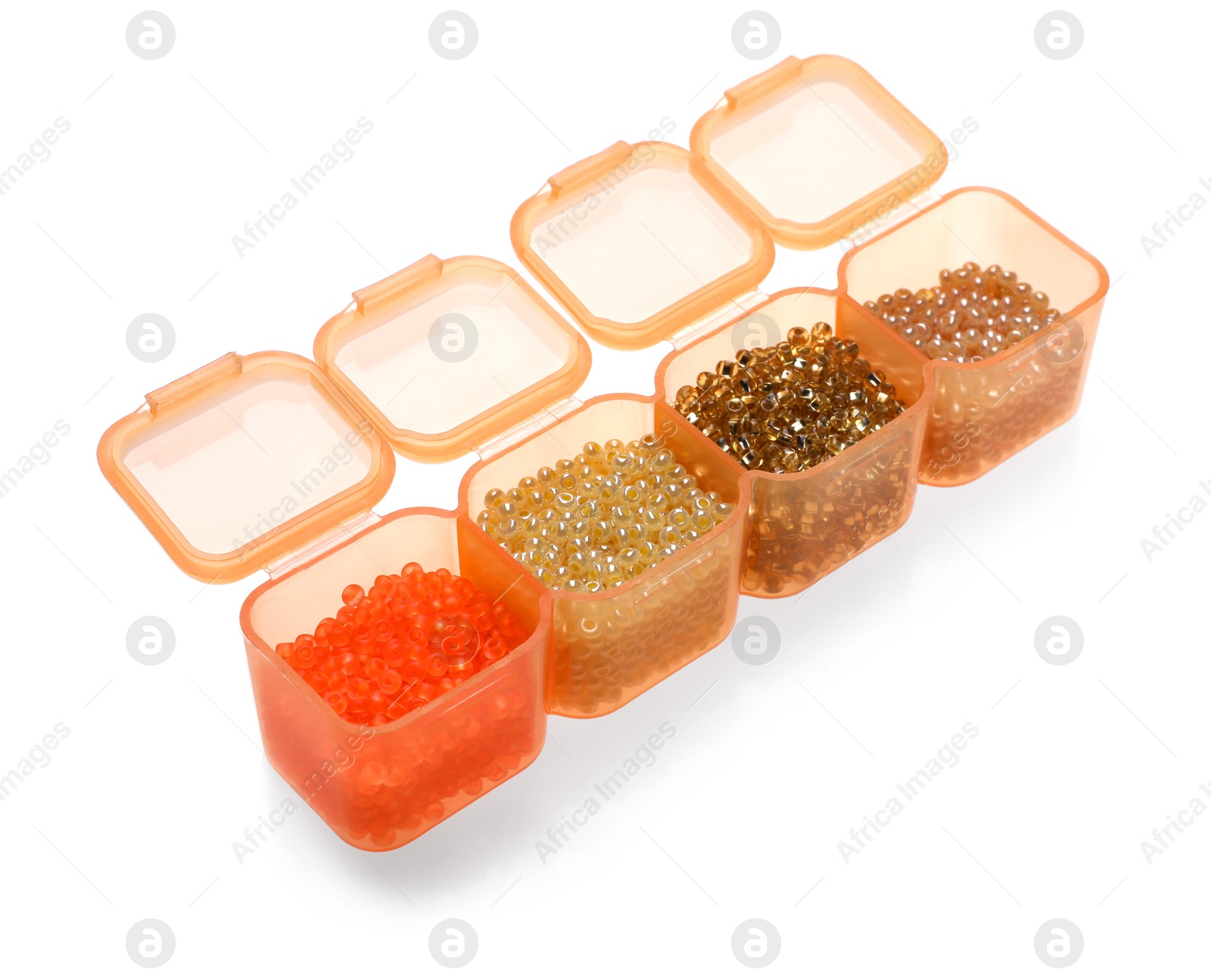 Photo of Plastic organizer with different beads on white background