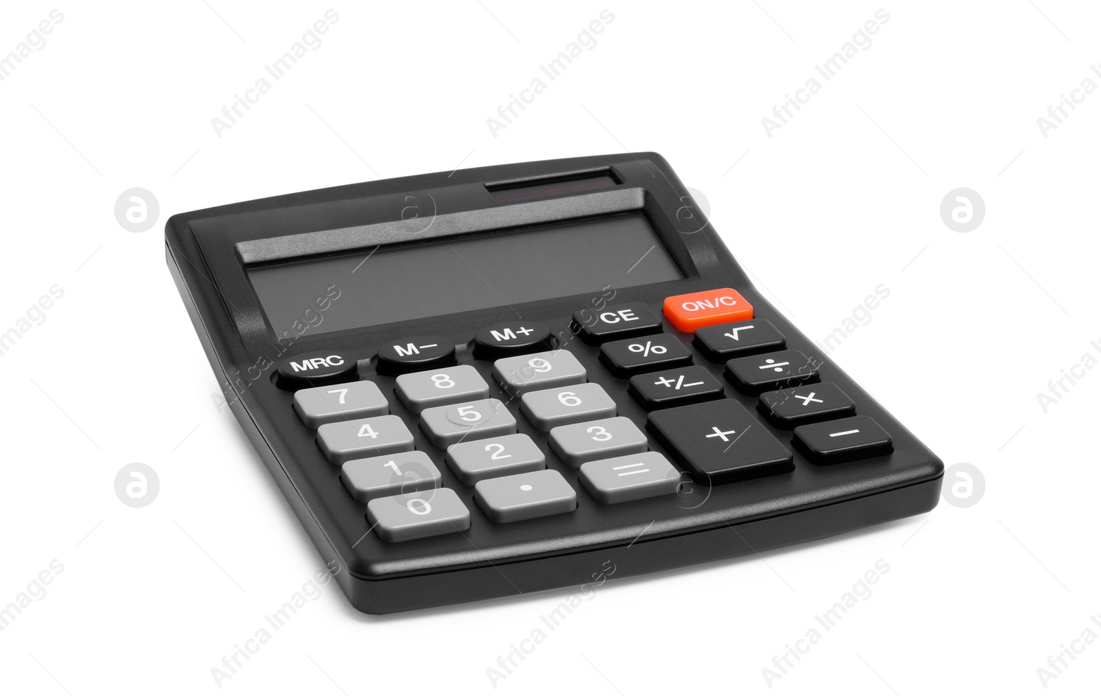 Photo of Black calculator isolated on white. Office stationery