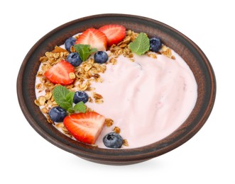 Photo of Bowl with yogurt, berries and granola isolated on white