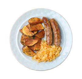 Plate with sauerkraut, sausages and potatoes isolated on white, top view