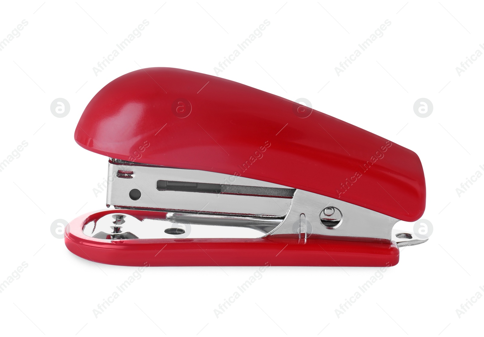 Photo of New bright red stapler isolated on white