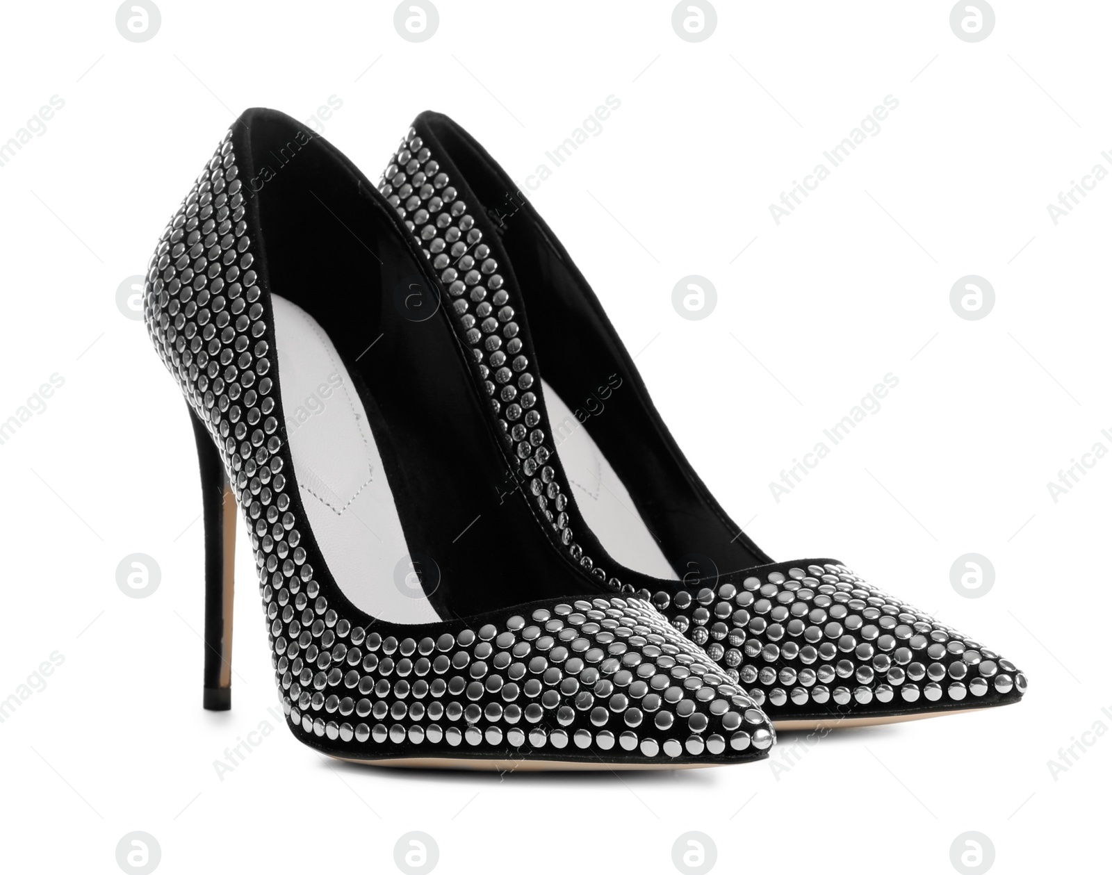 Photo of Stylish high heel shoes on white background