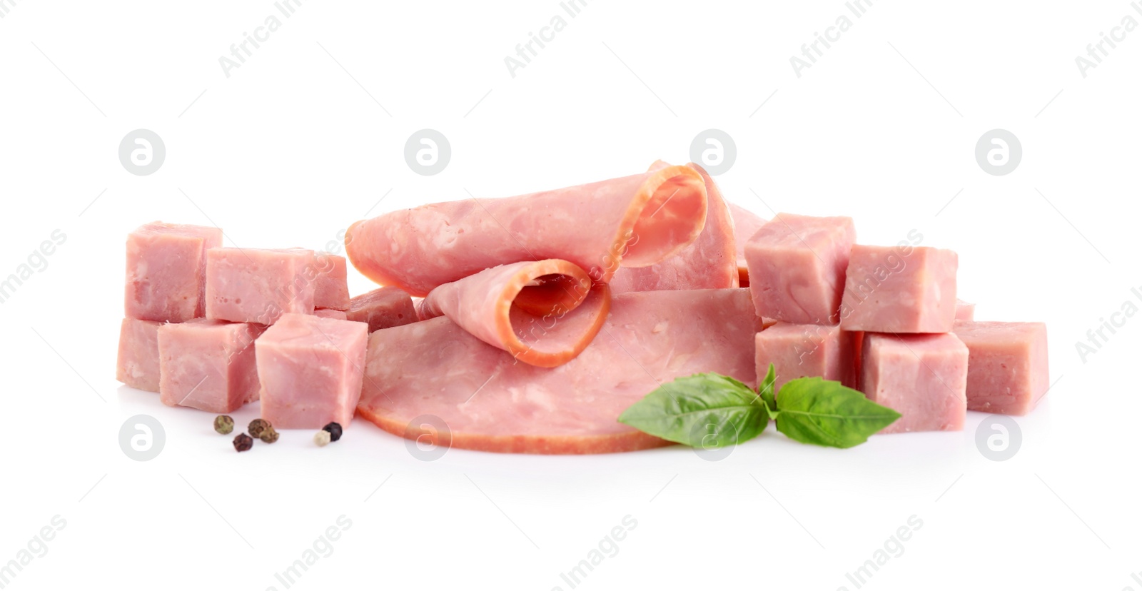 Photo of Tasty fresh ham with basil and pepper isolated on white