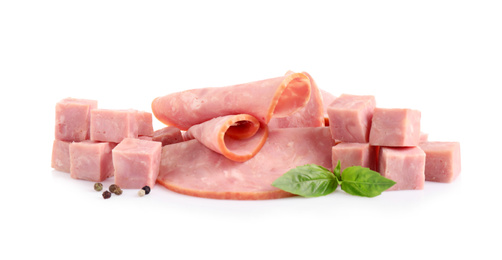 Tasty fresh ham with basil and pepper isolated on white