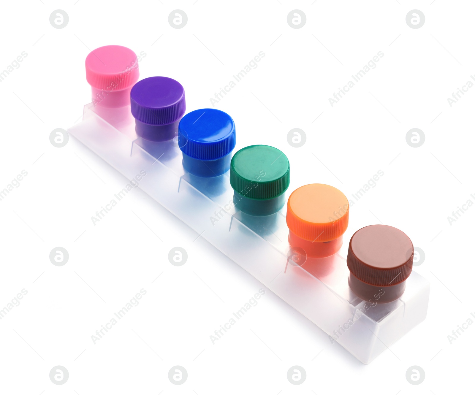 Photo of Set of colorful paints on white background. Artistic equipment for children