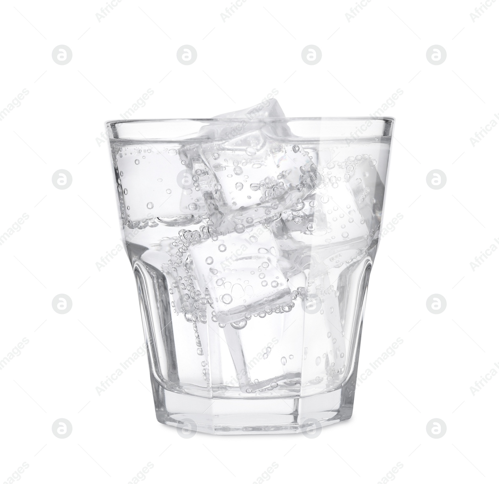 Photo of Glass of soda water with ice isolated on white