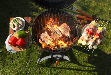 Photo of Cooking meat and vegetables on barbecue grill outdoors, flat lay
