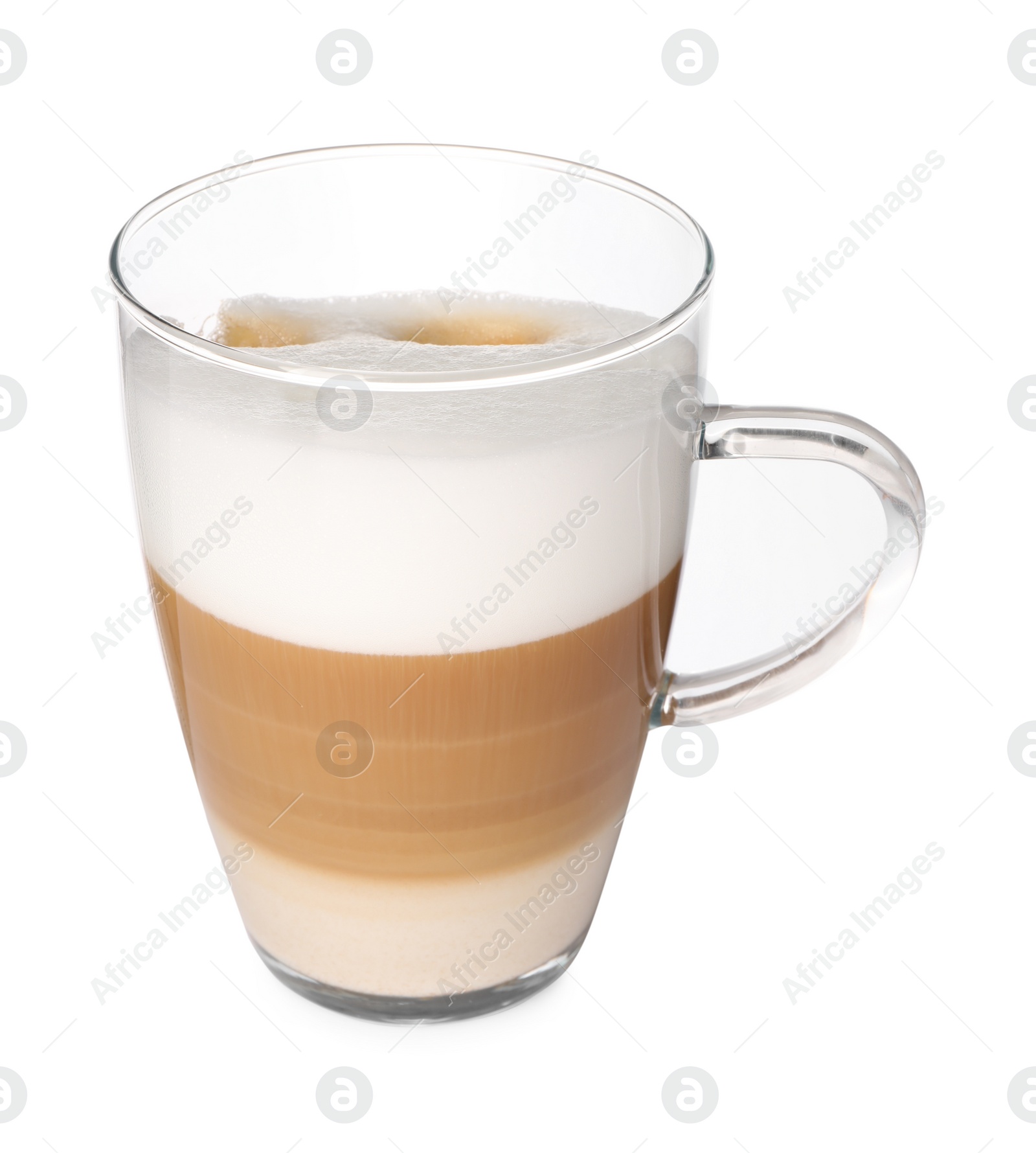 Photo of Aromatic latte macchiato in glass cup isolated on white