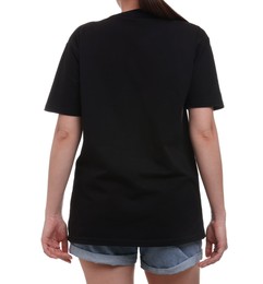 Woman in stylish black t-shirt on white background, back view