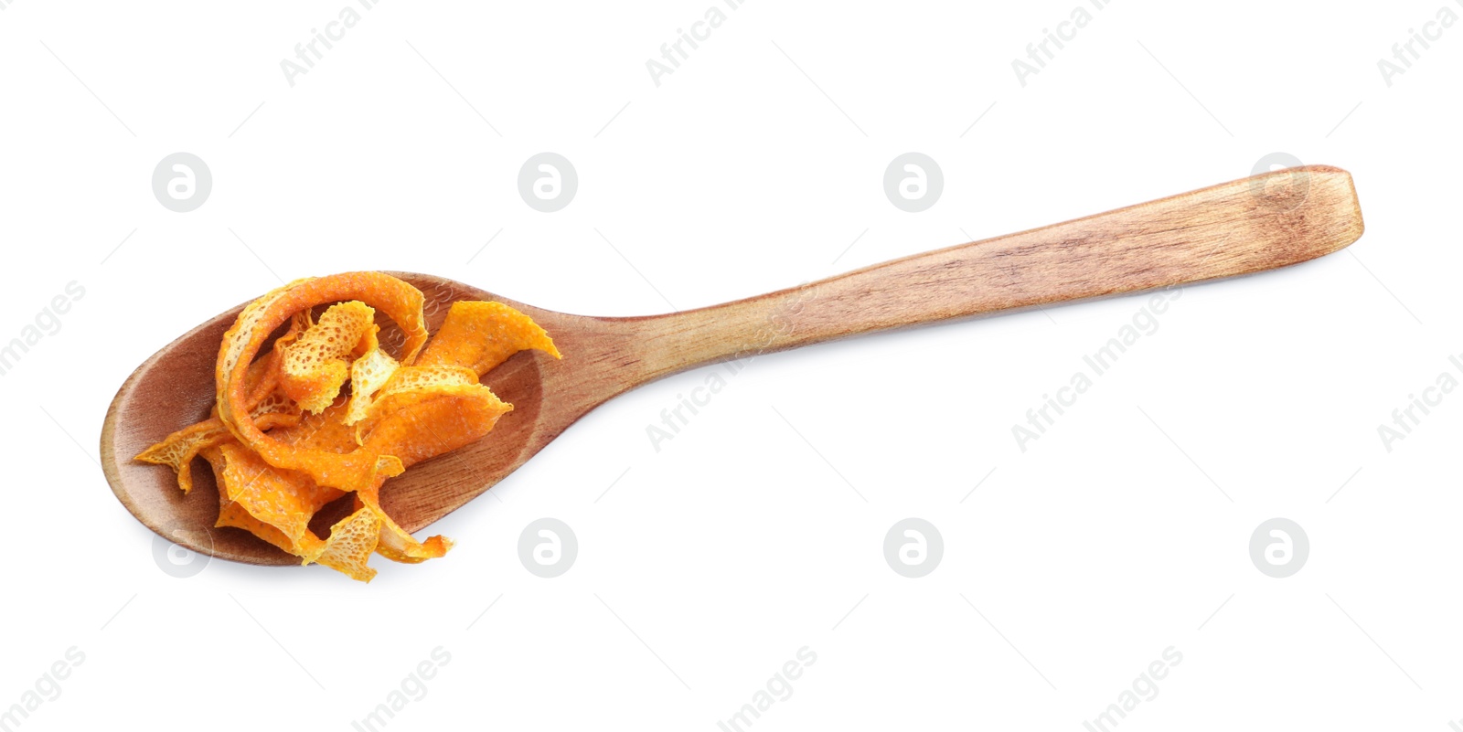 Photo of Wooden spoon with dry orange peels isolated on white, top view