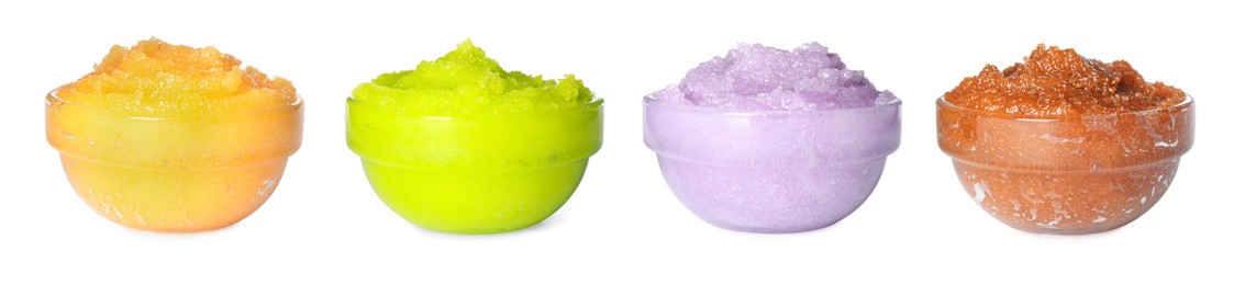 Set with different body scrubs in bowls on white background. Banner design