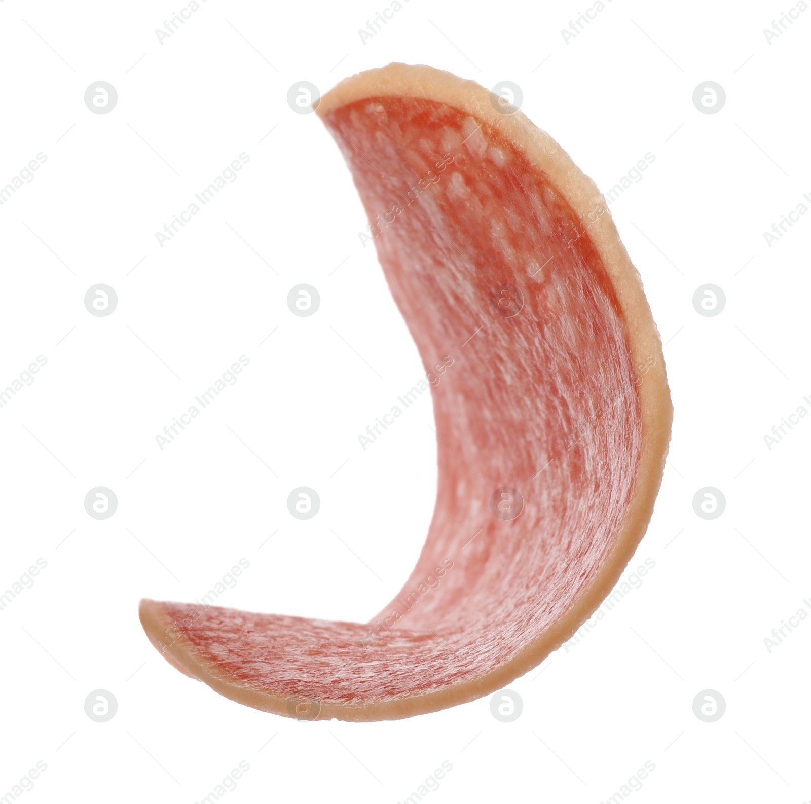 Photo of Piece of salami smoked sausage isolated on white