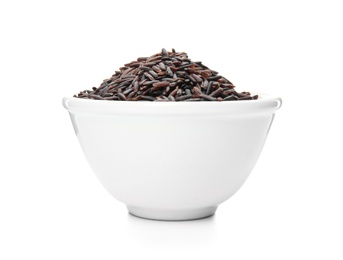 Bowl with uncooked black rice on white background