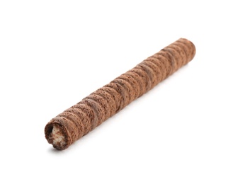 Photo of Delicious chocolate wafer roll on white background. Sweet food