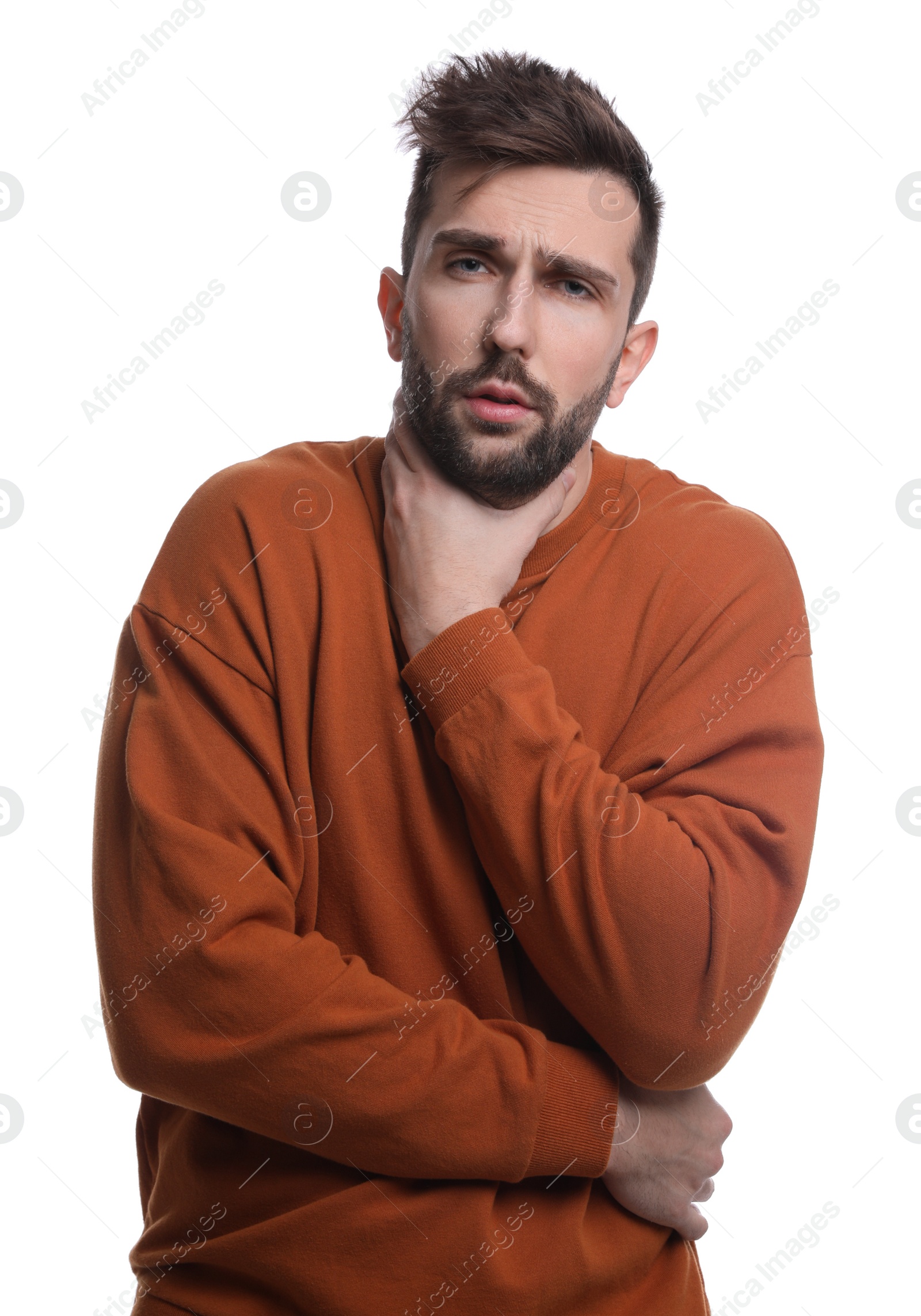 Photo of Man suffering from sore throat on white background. Cold symptoms