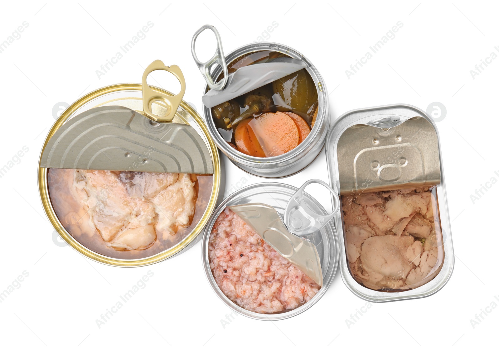 Photo of Open tin cans with different products on white background, top view