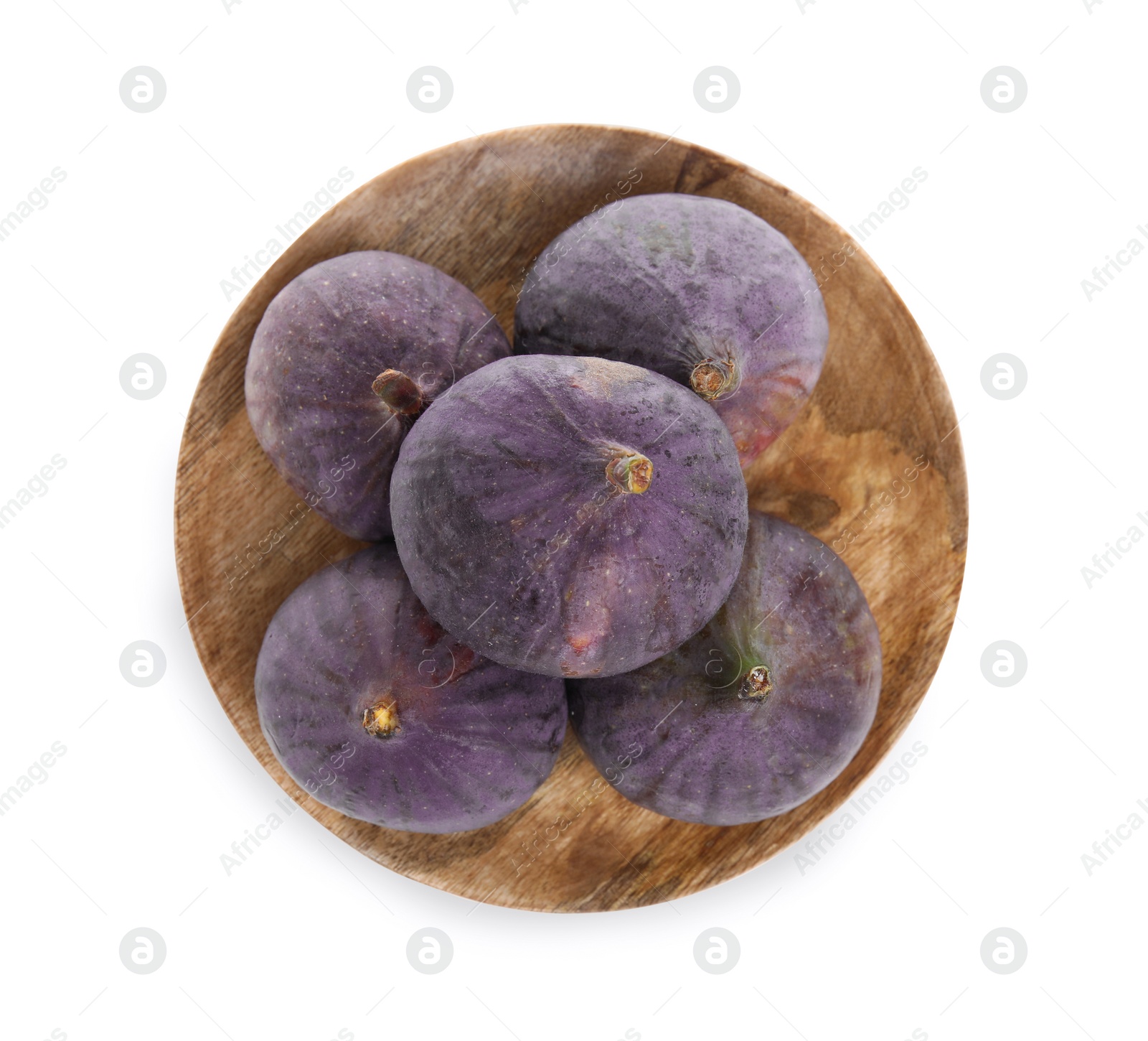 Photo of Wooden plate with whole fresh purple figs isolated on white, top view