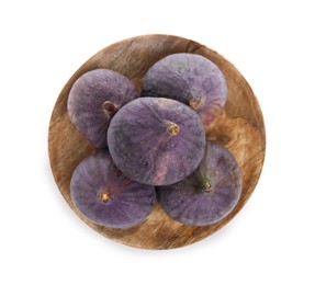 Photo of Wooden plate with whole fresh purple figs isolated on white, top view