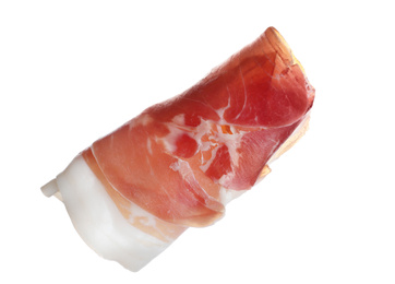 Photo of Roll of tasty prosciutto isolated on white