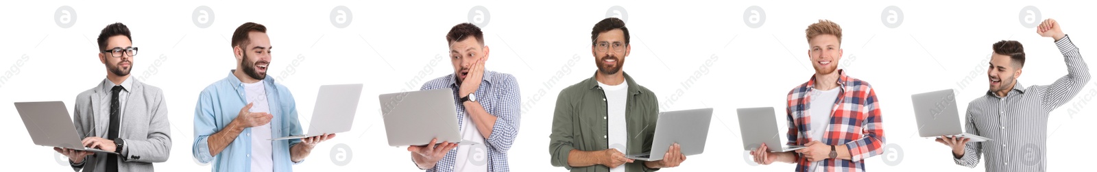 Image of Collage with photos of men holding modern laptops on white background. Banner design