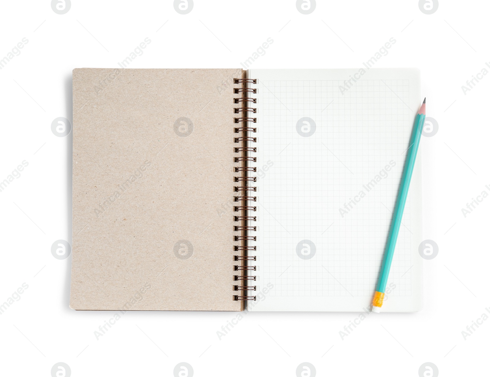 Photo of Notebook and pencil isolated on white, top view