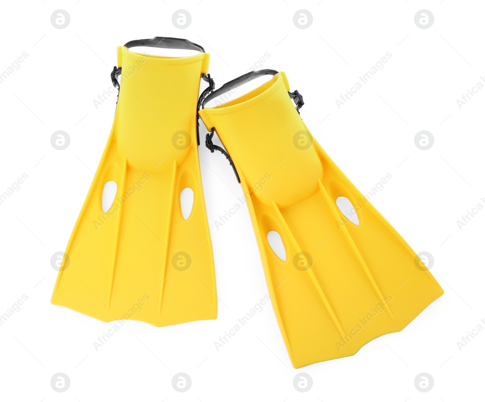 Photo of Pair of yellow flippers on white background, top view