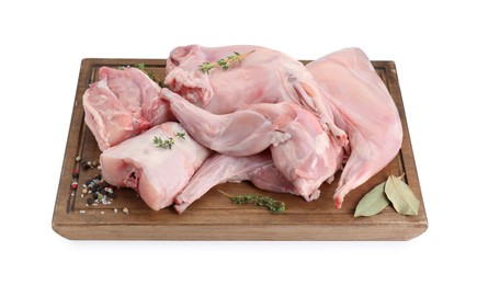 Fresh raw rabbit legs and spices isolated on white