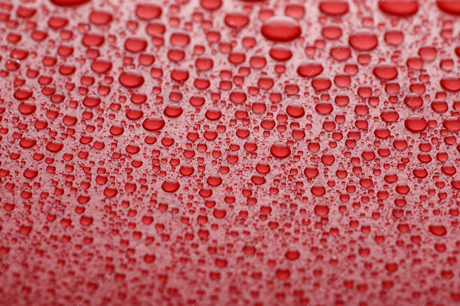 Photo of Water drops on red background, closeup view