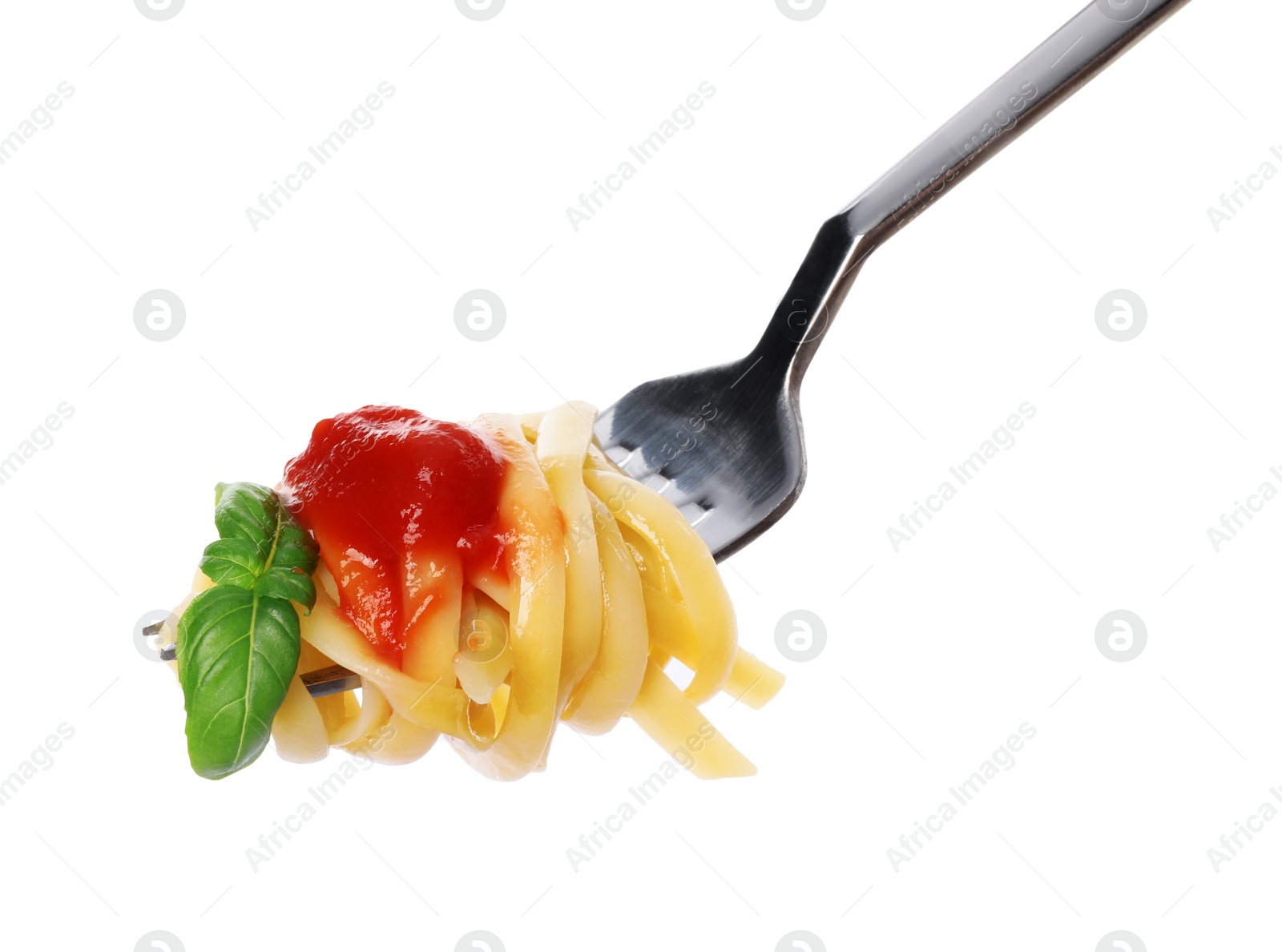 Photo of Fork with tasty pasta, basil and tomato sauce isolated on white