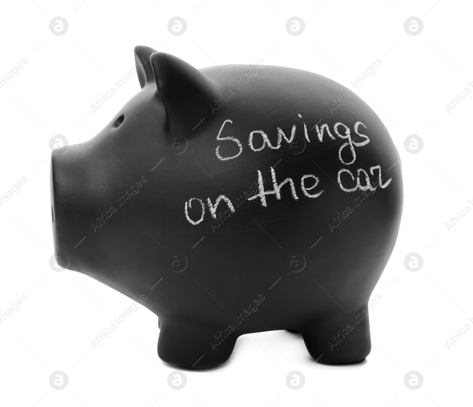 Photo of Black piggy bank with words SAVINGS ON THE CAR on white background