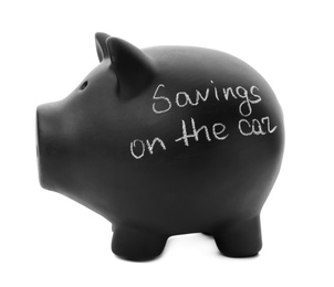 Photo of Black piggy bank with words SAVINGS ON THE CAR on white background