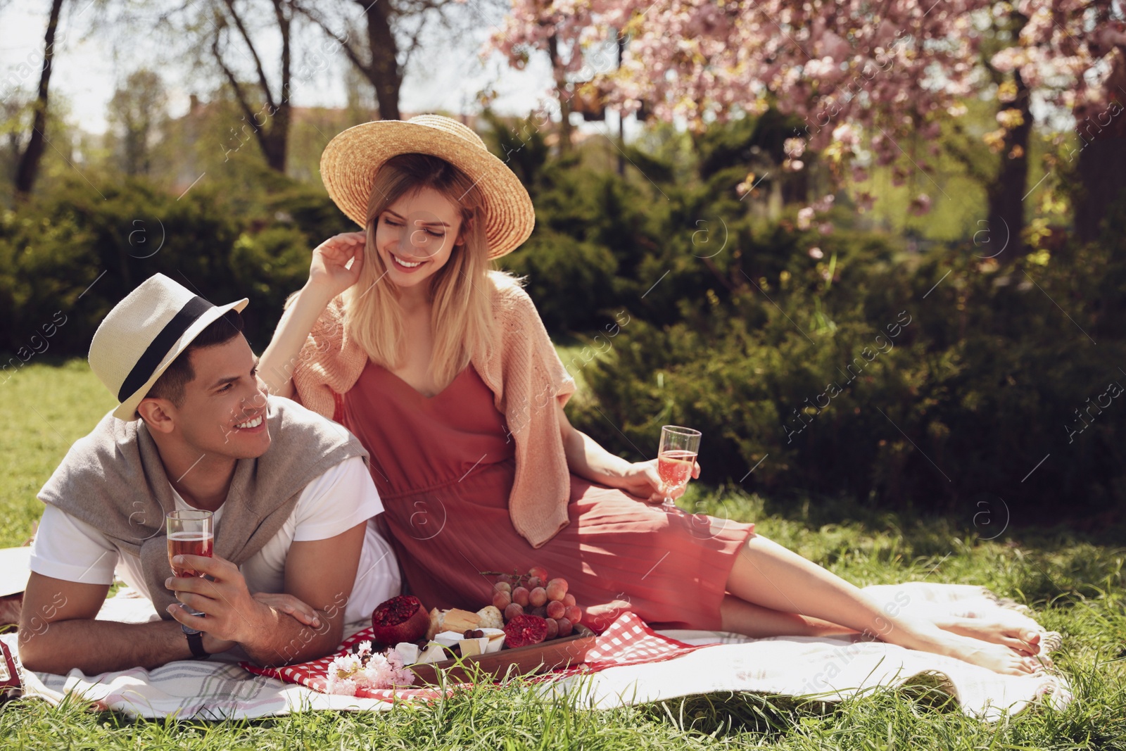 Photo of Happy couple having picnic in park on sunny day