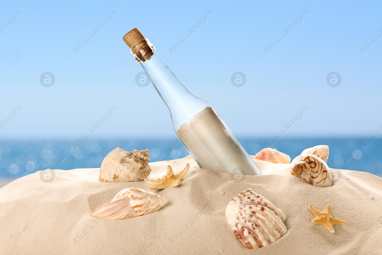 Image of Corked glass bottle with rolled paper note and seashells on sandy beach near ocean