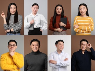 Image of Collage with photos of Asian woman and man on different color backgrounds
