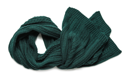 Dark green knitted scarf isolated white, top view