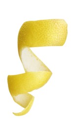 Photo of Fresh peel of lemon isolated on white. Citrus zest