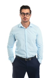 Photo of Young male teacher with glasses on white background