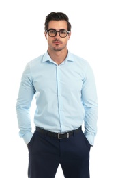 Young male teacher with glasses on white background