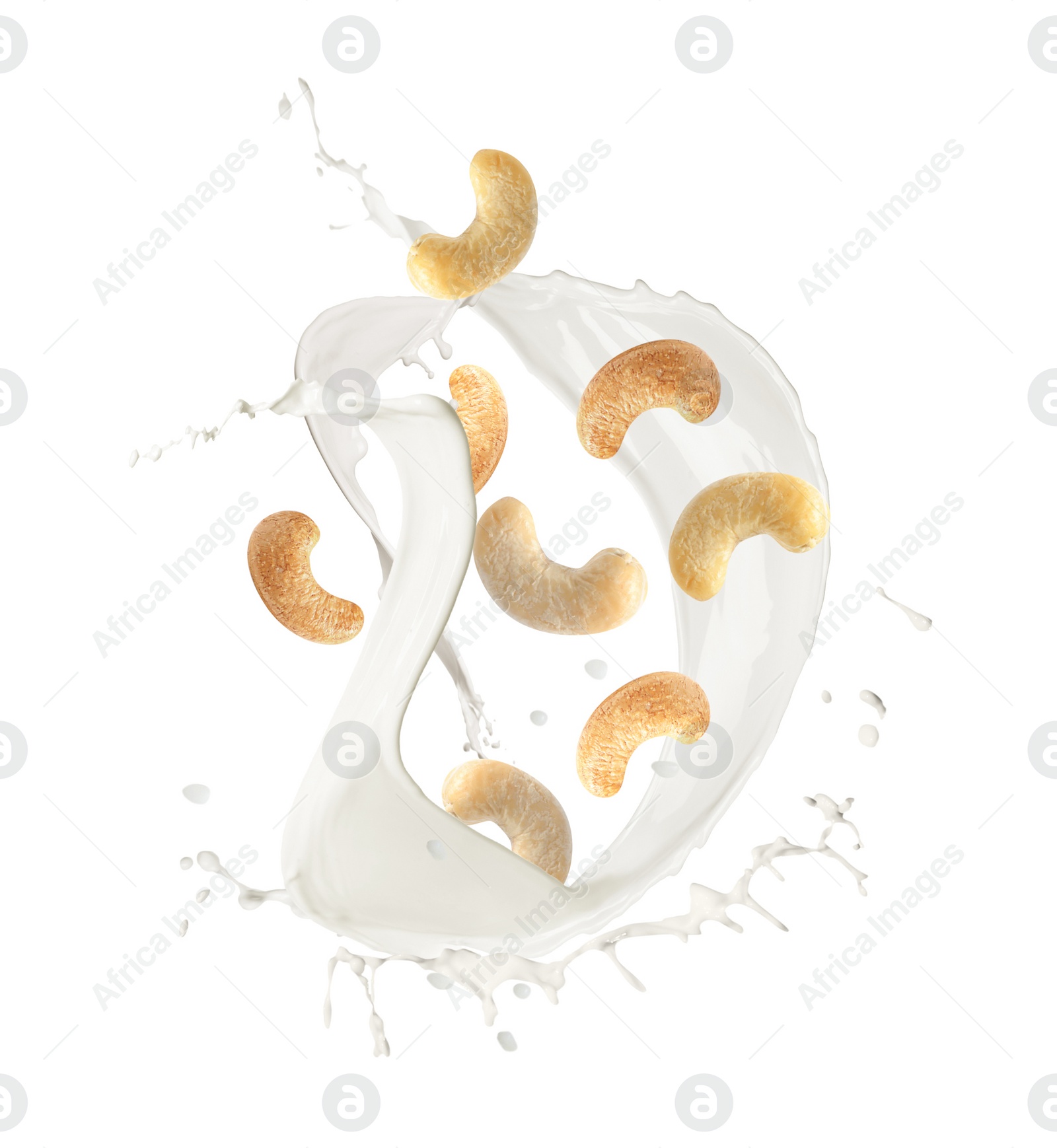 Image of Delicious cashew milk and nuts on white background