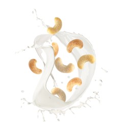 Image of Delicious cashew milk and nuts on white background
