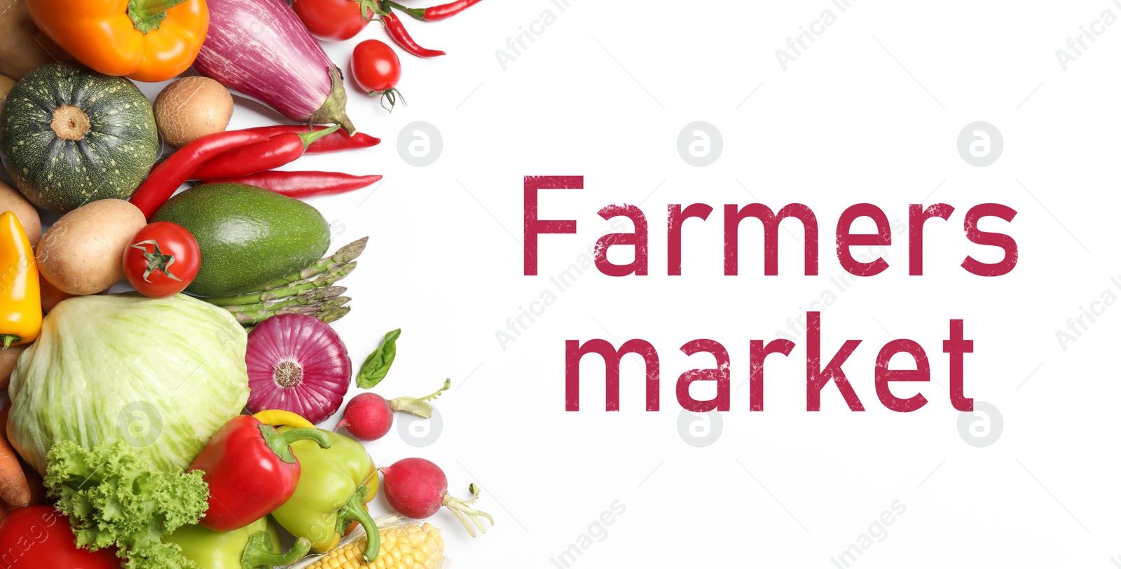 Image of Flat lay composition with fresh vegetables on white background, banner design. Farmers market