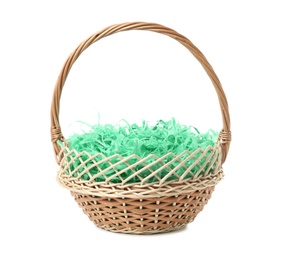 Easter basket with green paper filler isolated on white