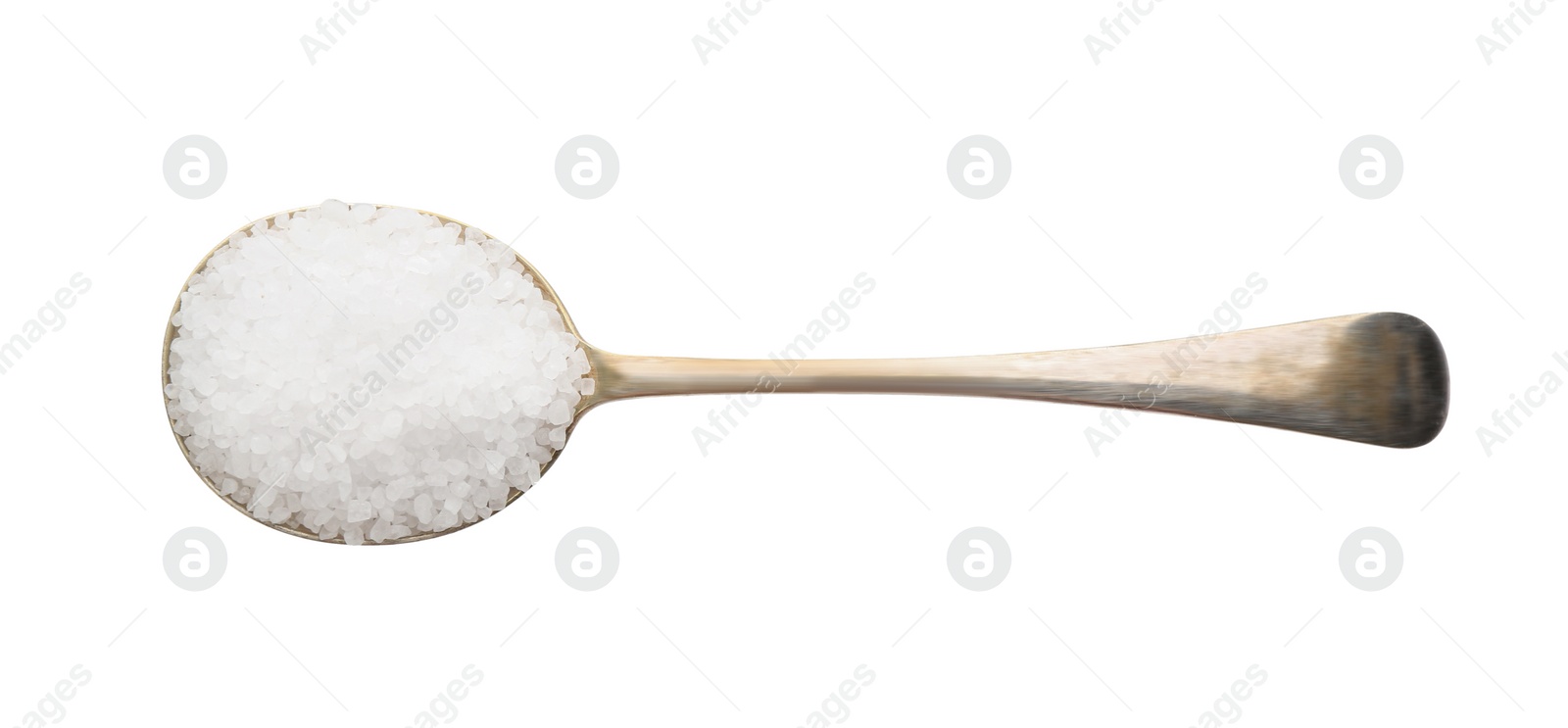 Photo of Metal spoon with salt isolated on white, top view