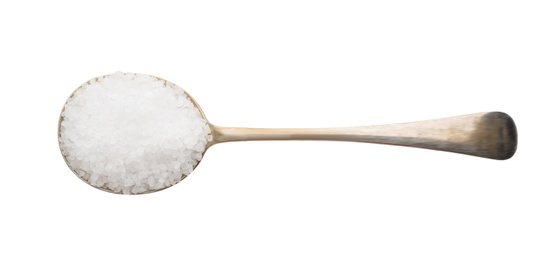 Photo of Metal spoon with salt isolated on white, top view